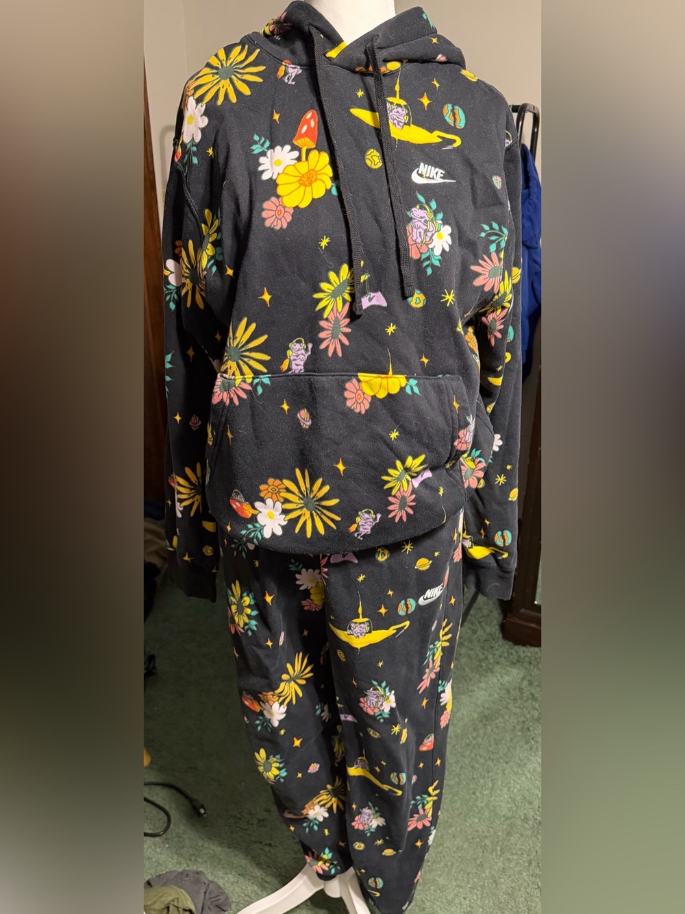 Nike Black Hoodie & Joggers Set with Yellow and Pink Floral Space Print